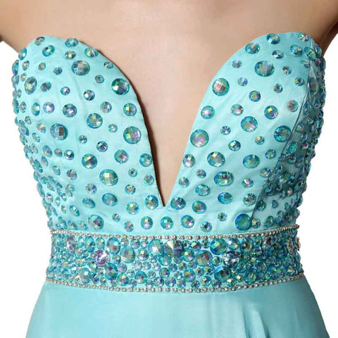 Turquoise Sweetheart Deep - V Neck Beaded Long Prom Dress, AJ003