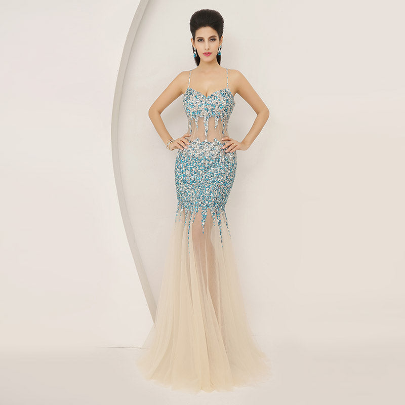 Blue and Silver Beaded Sweetheart Spaghetti - Straps Mermaid Long Prom Dress , AJ005