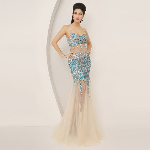 Blue and Silver Beaded Sweetheart Spaghetti - Straps Mermaid Long Prom Dress , AJ005