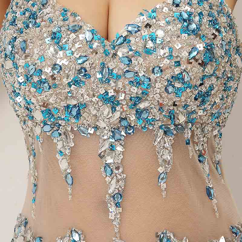Blue and Silver Beaded Sweetheart Spaghetti - Straps Mermaid Long Prom Dress , AJ005