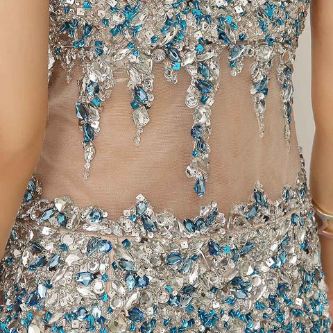 Blue and Silver Beaded Sweetheart Spaghetti - Straps Mermaid Long Prom Dress , AJ005