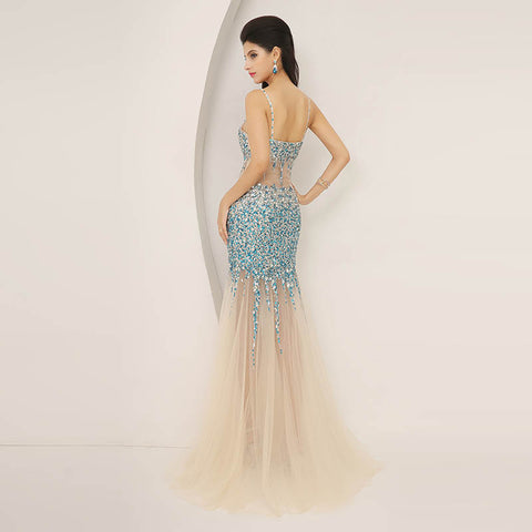 Blue and Silver Beaded Sweetheart Spaghetti - Straps Mermaid Long Prom Dress , AJ005