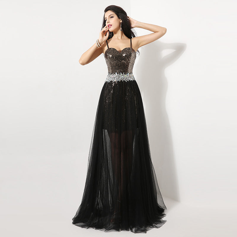 Black and Silver Sequin Sweetheart Spaghetti - Straps Long Prom Dress , AJ011