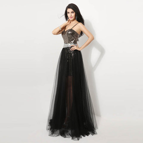 Black and Silver Sequin Sweetheart Spaghetti - Straps Long Prom Dress , AJ011