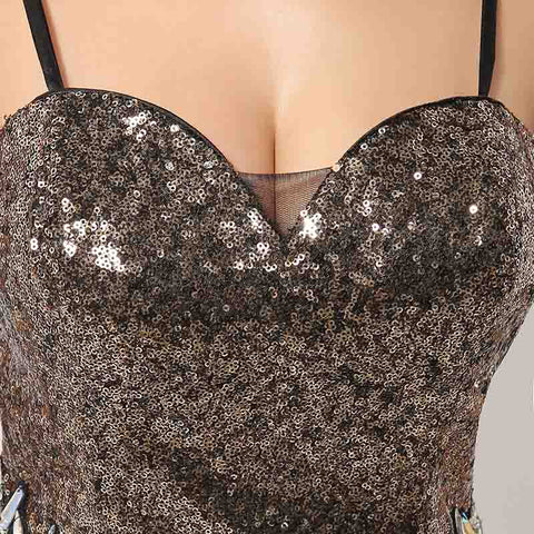Black and Silver Sequin Sweetheart Spaghetti - Straps Long Prom Dress , AJ011