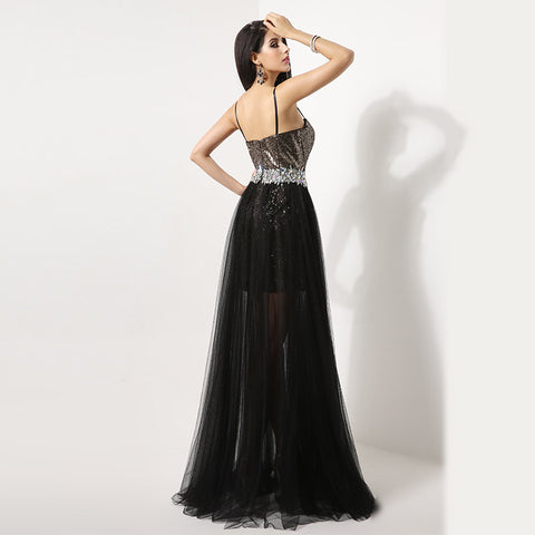 Black and Silver Sequin Sweetheart Spaghetti - Straps Long Prom Dress , AJ011