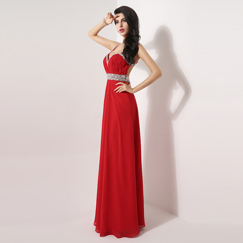 Red Embellished Sweetheart Spaghetti - Straps Open - Back Long Prom Dress, AJ013