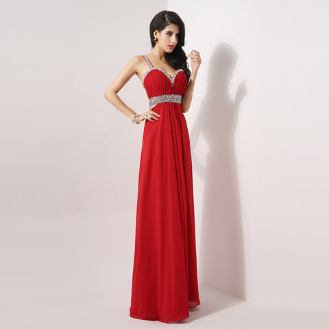 Red Embellished Sweetheart Spaghetti - Straps Open - Back Long Prom Dress, AJ013