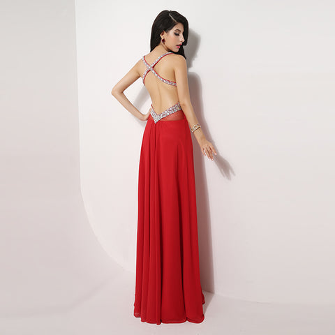 Red Embellished Sweetheart Spaghetti - Straps Open - Back Long Prom Dress, AJ013