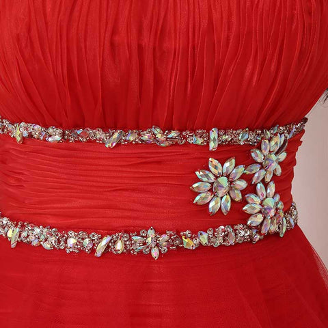 Red Embellished Sweetheart Strapless High - Low Tulle Prom Dress, AJ014