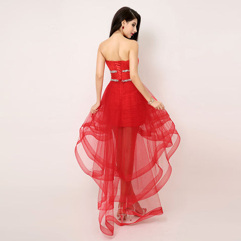 Red Embellished Sweetheart Strapless High - Low Tulle Prom Dress, AJ014