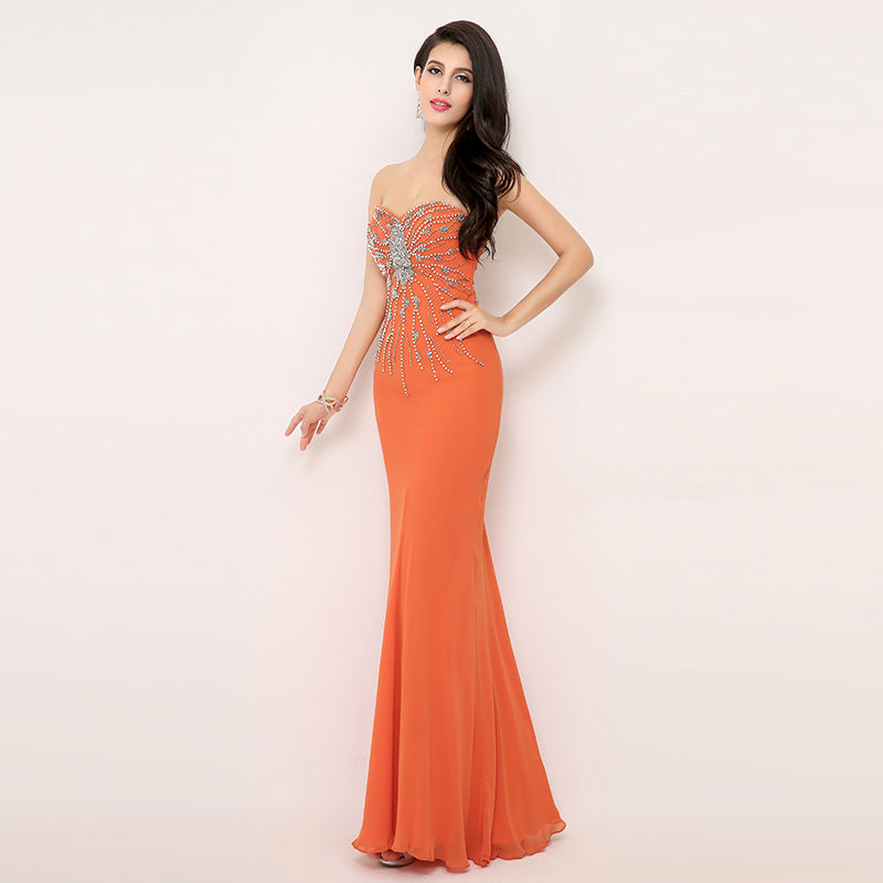 Orange Embellished Sweetheart Strapless Mermaid Long Prom Dress, AJ015