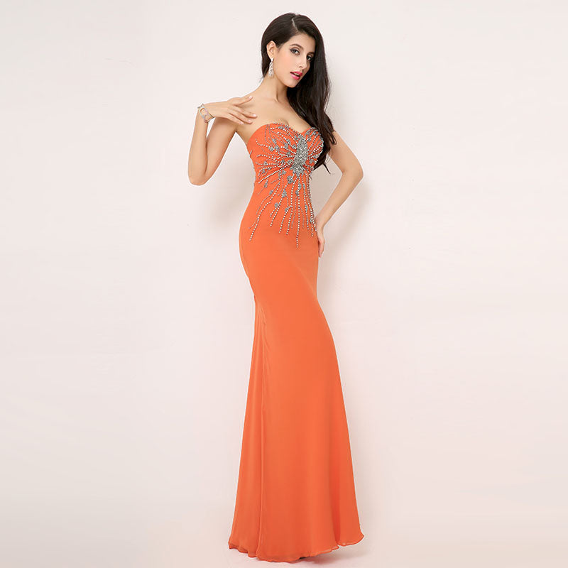 Orange Embellished Sweetheart Strapless Mermaid Long Prom Dress, AJ015
