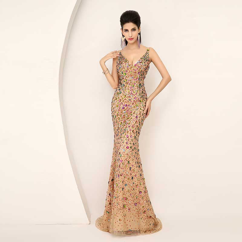 Multicolored Embellished Spaghetti - Straps Mermaid Long Prom Dress, AJ016