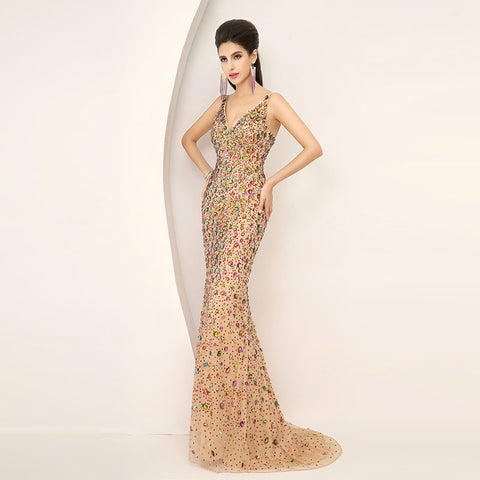 Multicolored Embellished Spaghetti - Straps Mermaid Long Prom Dress, AJ016