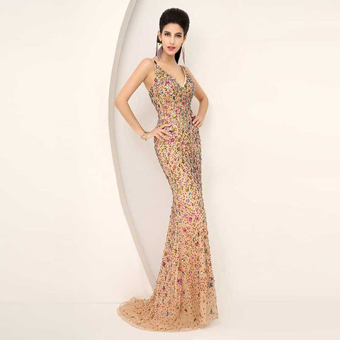 Multicolored Embellished Spaghetti - Straps Mermaid Long Prom Dress, AJ016
