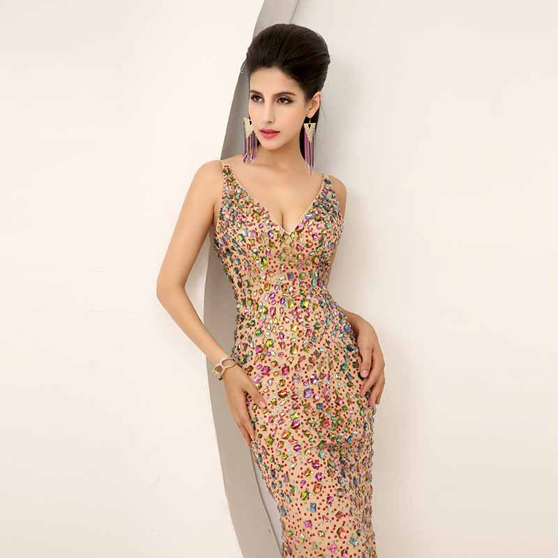 Multicolored Embellished Spaghetti - Straps Mermaid Long Prom Dress, AJ016