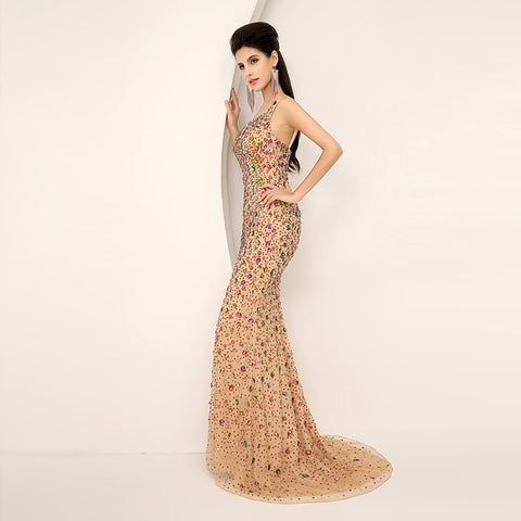 Multicolored Embellished Spaghetti - Straps Mermaid Long Prom Dress, AJ016