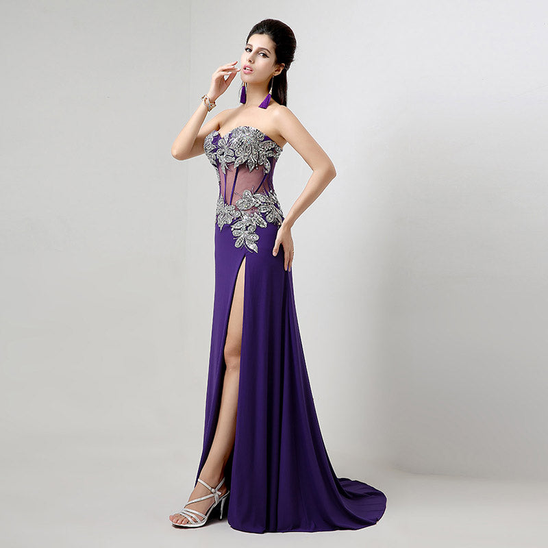 Black - Embellished Strapless Sheer - Paneled Long Prom Dress with Slit  , AJ023