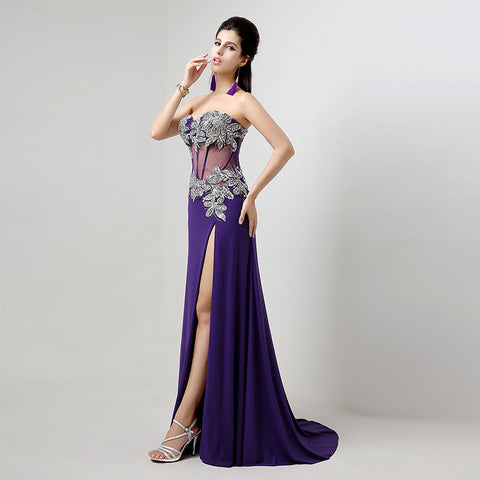 Black - Embellished Strapless Sheer - Paneled Long Prom Dress with Slit  , AJ023
