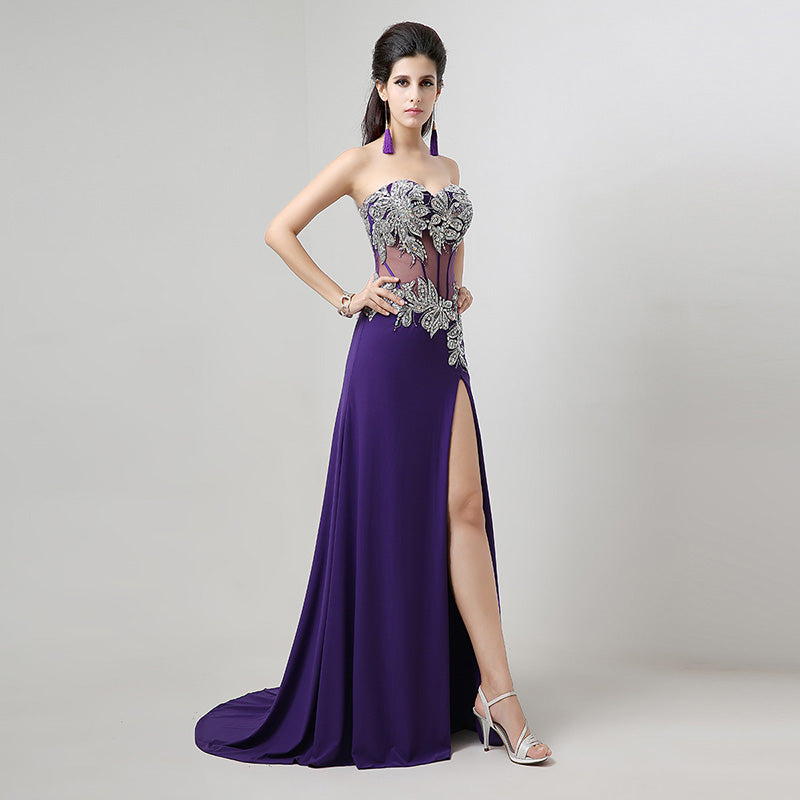 Black - Embellished Strapless Sheer - Paneled Long Prom Dress with Slit  , AJ023
