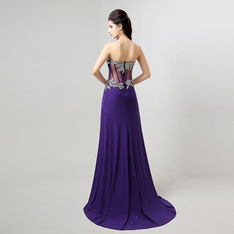 Black - Embellished Strapless Sheer - Paneled Long Prom Dress with Slit  , AJ023