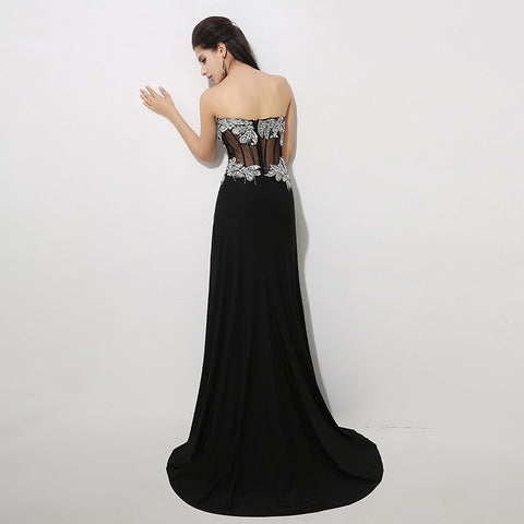 Black - Embellished Strapless Sheer - Paneled Long Prom Dress with Slit  , AJ023