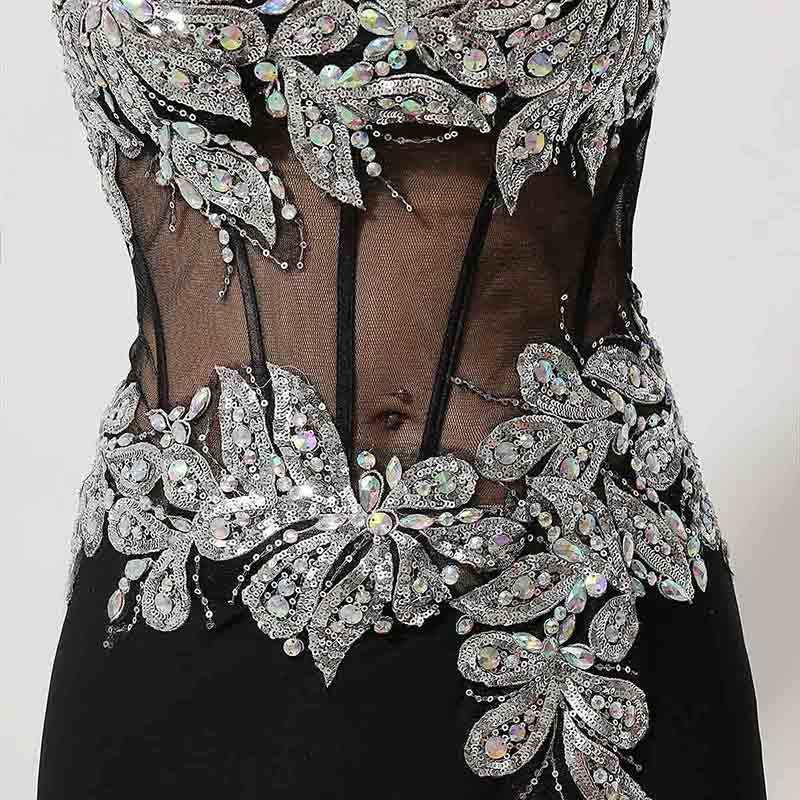 Black - Embellished Strapless Sheer - Paneled Long Prom Dress with Slit  , AJ023