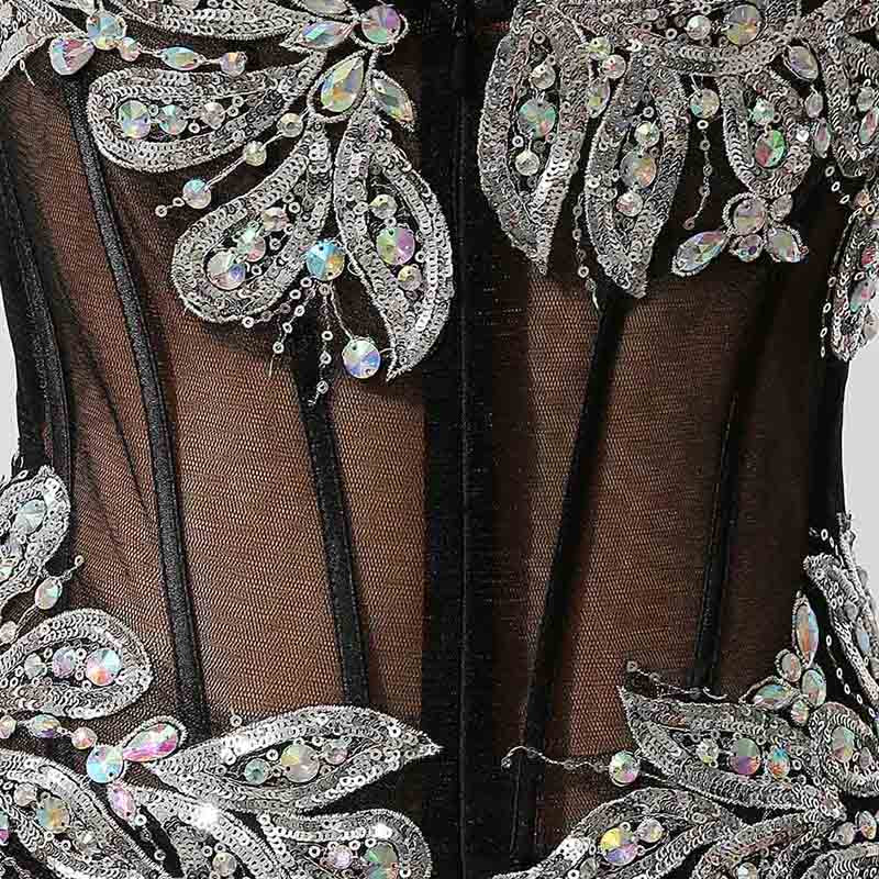 Black - Embellished Strapless Sheer - Paneled Long Prom Dress with Slit  , AJ023