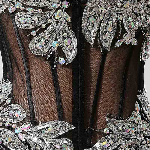 Black - Embellished Strapless Sheer - Paneled Long Prom Dress with Slit  , AJ023
