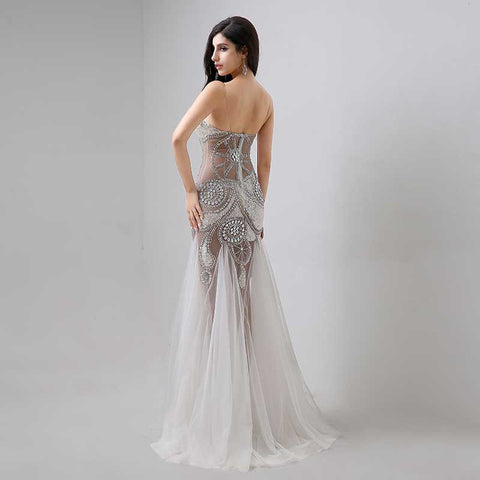 White Embellished Strapless Sheer - Paneled Mermaid Long Prom Dress, AJ030