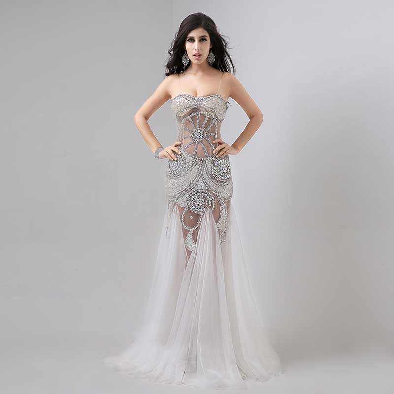 White Embellished Strapless Sheer - Paneled Mermaid Long Prom Dress, AJ030