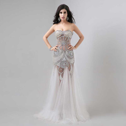 White Embellished Strapless Sheer - Paneled Mermaid Long Prom Dress, AJ030