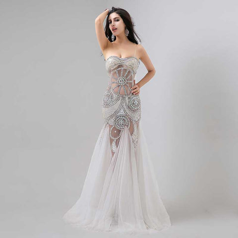 White Embellished Strapless Sheer - Paneled Mermaid Long Prom Dress, AJ030