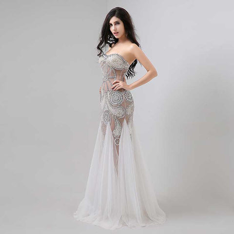 White Embellished Strapless Sheer - Paneled Mermaid Long Prom Dress, AJ030