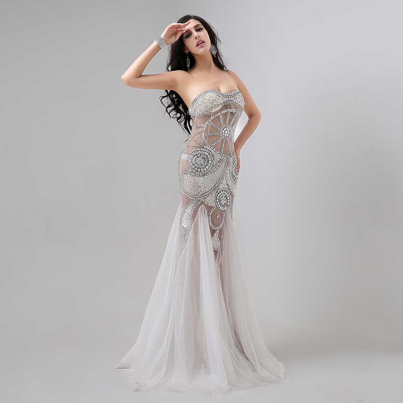 White Embellished Strapless Sheer - Paneled Mermaid Long Prom Dress, AJ030