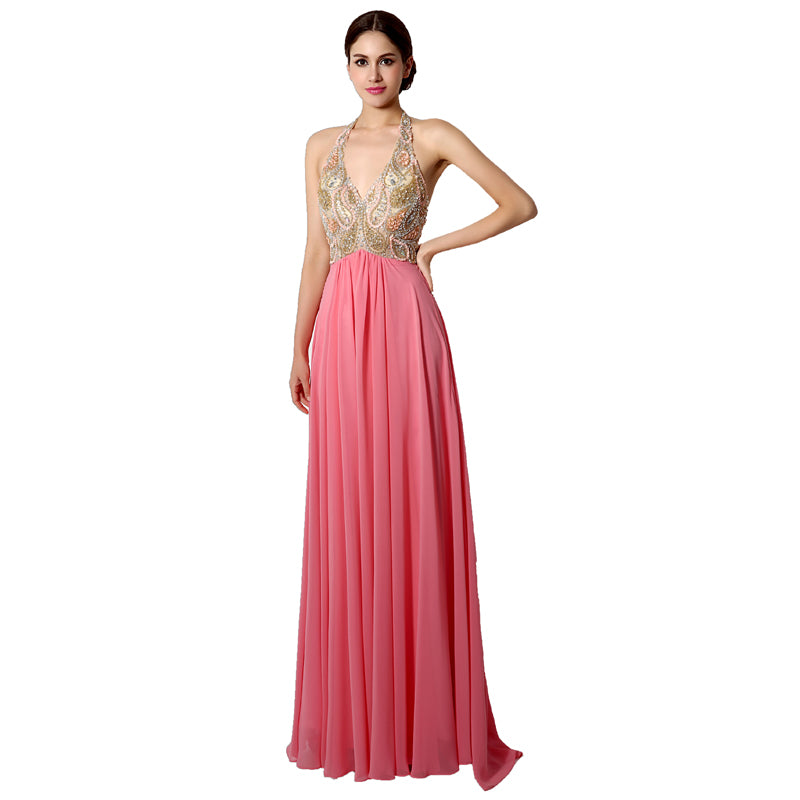 Pink Embellished Halter - Neck Chiffon Long Prom Dress, AJ031
