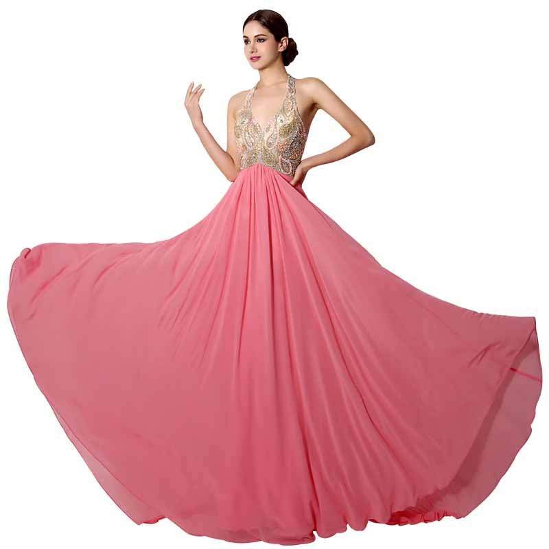 Pink Embellished Halter - Neck Chiffon Long Prom Dress, AJ031