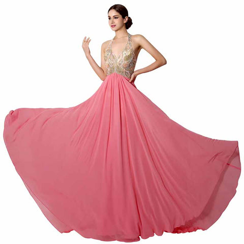 Pink Embellished Halter - Neck Chiffon Long Prom Dress, AJ031