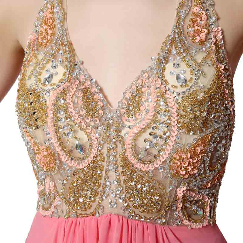 Pink Embellished Halter - Neck Chiffon Long Prom Dress, AJ031