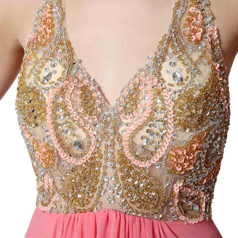 Pink Embellished Halter - Neck Chiffon Long Prom Dress, AJ031