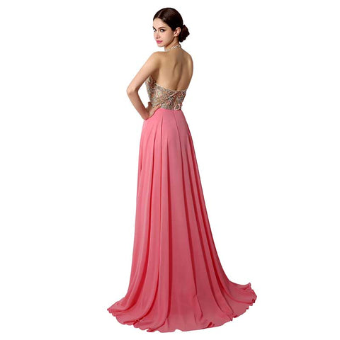 Pink Embellished Halter - Neck Chiffon Long Prom Dress, AJ031