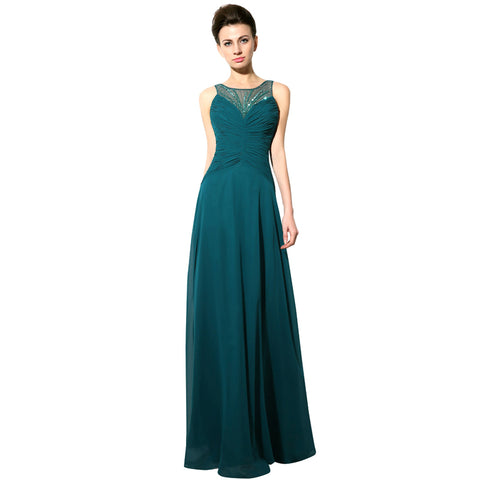 Teal Embellished Halter - Neck Ruched Chiffon Long Prom Dress, AJ044