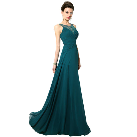Teal Embellished Halter - Neck Ruched Chiffon Long Prom Dress, AJ044