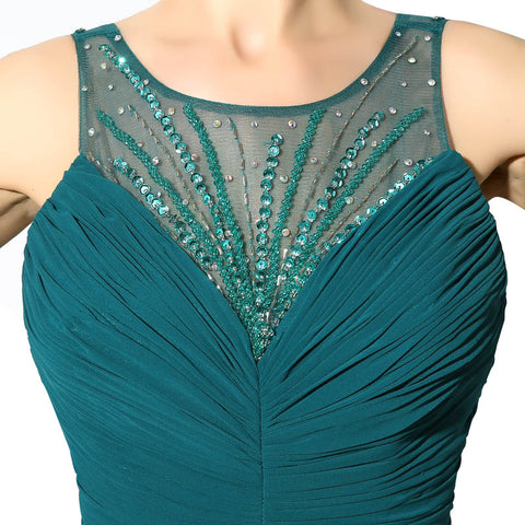 Teal Embellished Halter - Neck Ruched Chiffon Long Prom Dress, AJ044