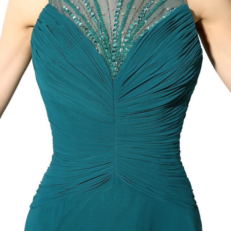 Teal Embellished Halter - Neck Ruched Chiffon Long Prom Dress, AJ044