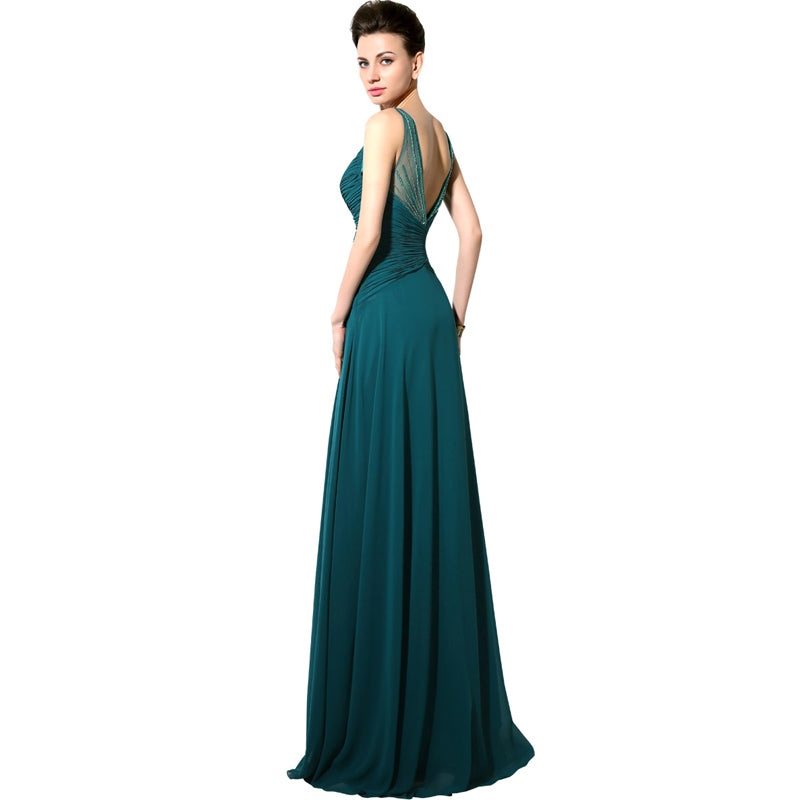 Teal Embellished Halter - Neck Ruched Chiffon Long Prom Dress, AJ044