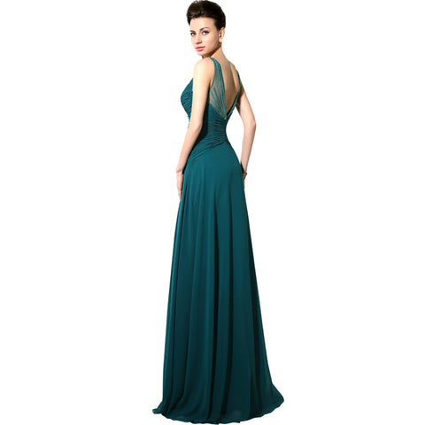 Teal Embellished Halter - Neck Ruched Chiffon Long Prom Dress, AJ044
