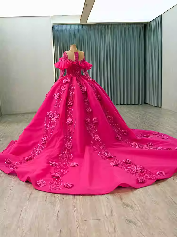 Glamorous Off - Shoulder Long - Sleeved Hot Pink Ball - Gown with 3D Rose Embellishments Prom Dress, BG001