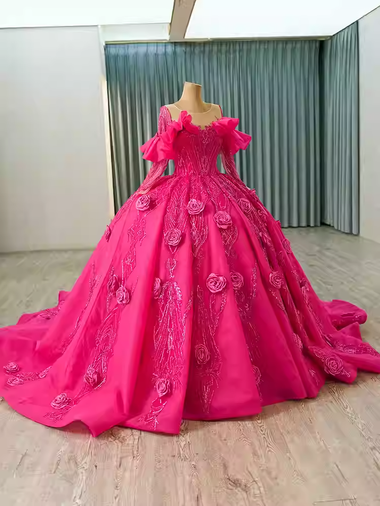 Glamorous Off - Shoulder Long - Sleeved Hot Pink Ball - Gown with 3D Rose Embellishments Prom Dress, BG001